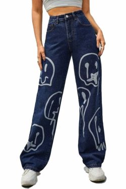 Trippy Smiley Loose Jeans - Y2K Summer Grunge 90s Fashion Retro Hip Hop Y2K Outfits Women