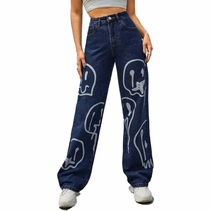 Trippy Smiley Loose Jeans - Y2K Summer Grunge 90s Fashion Retro Hip Hop Y2K Outfits Women