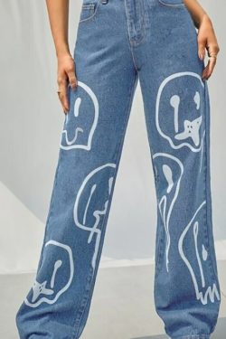 Trippy Smiley Loose Jeans - Y2K Summer Grunge 90s Fashion Retro Hip Hop Y2K Outfits Women