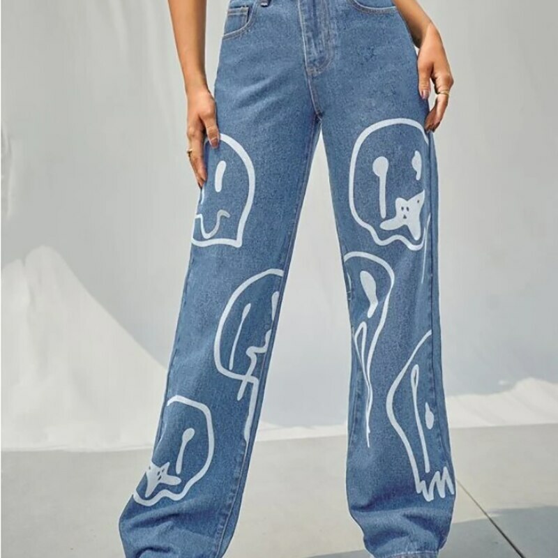 Trippy Smiley Loose Jeans - Y2K Summer Grunge 90s Fashion Retro Hip Hop Y2K Outfits Women