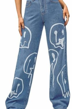 Trippy Smiley Loose Jeans - Y2K Summer Grunge 90s Fashion Retro Hip Hop Y2K Outfits Women