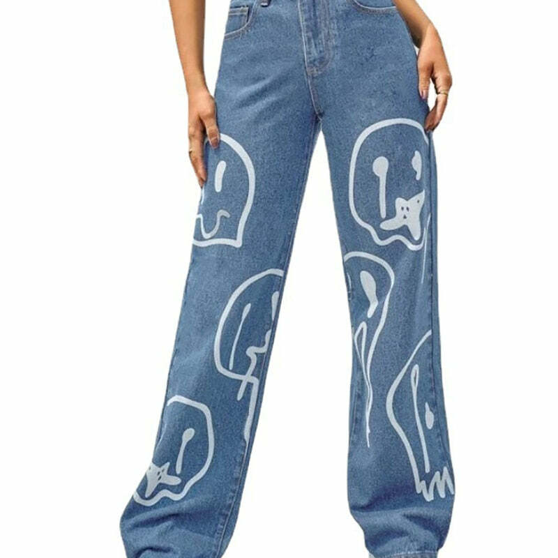 Trippy Smiley Loose Jeans - Y2K Summer Grunge 90s Fashion Retro Hip Hop Y2K Outfits Women
