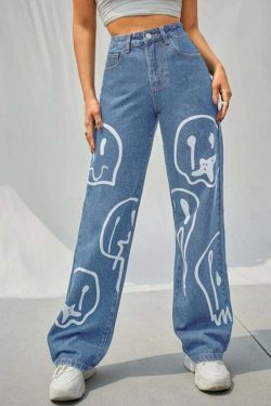 Trippy Smiley Loose Jeans - Y2K Summer Grunge 90s Fashion Retro Hip Hop Y2K Outfits Women