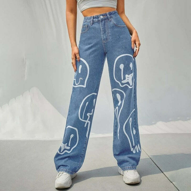Trippy Smiley Loose Jeans - Y2K Summer Grunge 90s Fashion Retro Hip Hop Y2K Outfits Women