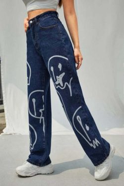 Trippy Smiley Loose Jeans - Y2K Summer Grunge 90s Fashion Retro Hip Hop Y2K Outfits Women