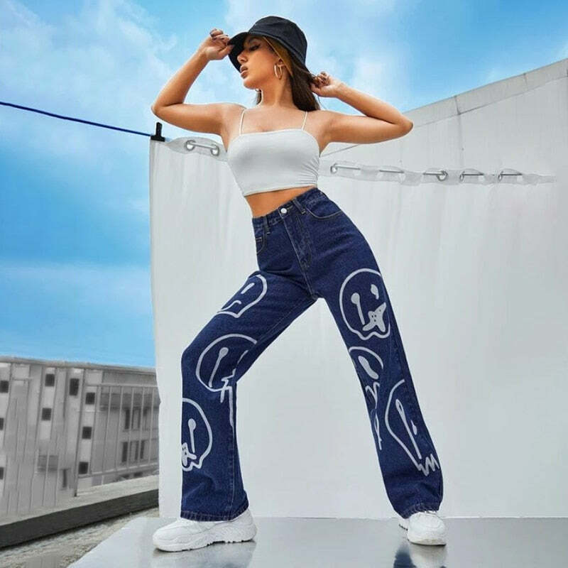 Trippy Smiley Loose Jeans - Y2K Summer Grunge 90s Fashion Retro Hip Hop Y2K Outfits Women