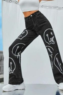 Trippy Smiley Loose Jeans - Y2K Summer Grunge 90s Fashion Retro Hip Hop Y2K Outfits Women