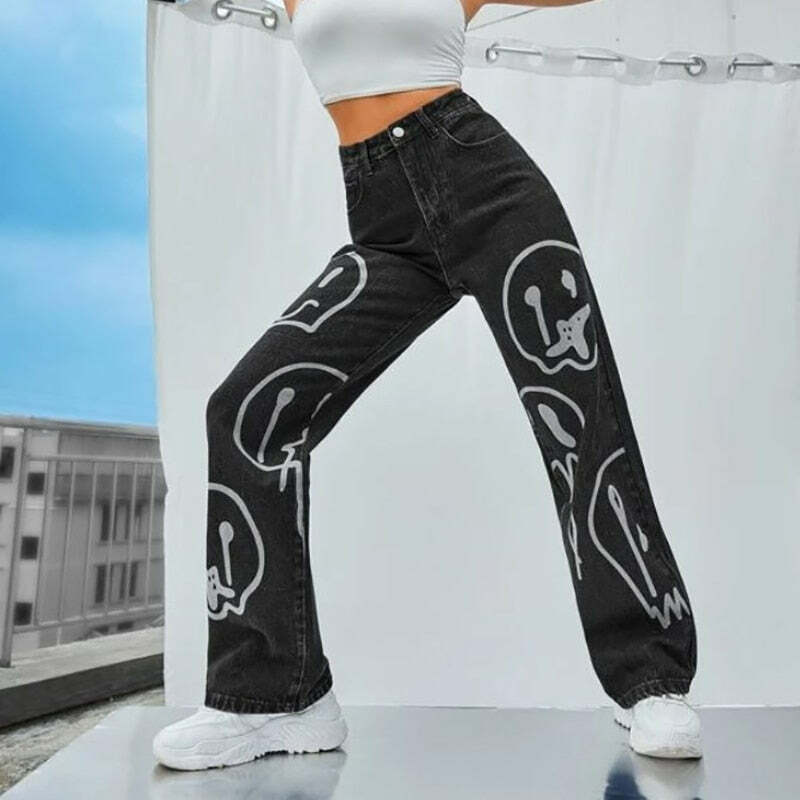 Trippy Smiley Loose Jeans - Y2K Summer Grunge 90s Fashion Retro Hip Hop Y2K Outfits Women
