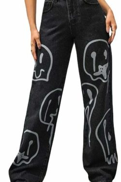 Trippy Smiley Loose Jeans - Y2K Summer Grunge 90s Fashion Retro Hip Hop Y2K Outfits Women