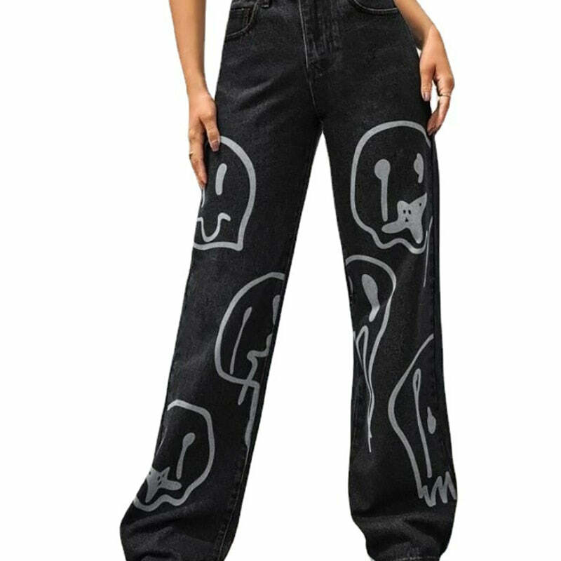 Trippy Smiley Loose Jeans - Y2K Summer Grunge 90s Fashion Retro Hip Hop Y2K Outfits Women