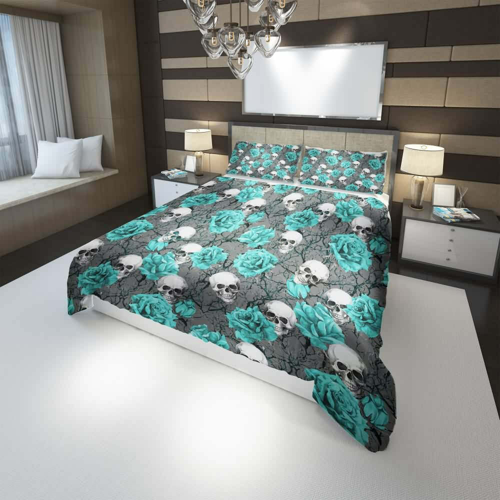 Turquoise Rose Skull Duvet Cover Set - Y2K Grunge, 90s Retro, Gothic Pastel Goth Bedding