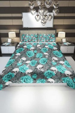 Turquoise Rose Skull Duvet Cover Set - Y2K Grunge, 90s Retro, Gothic Pastel Goth Bedding