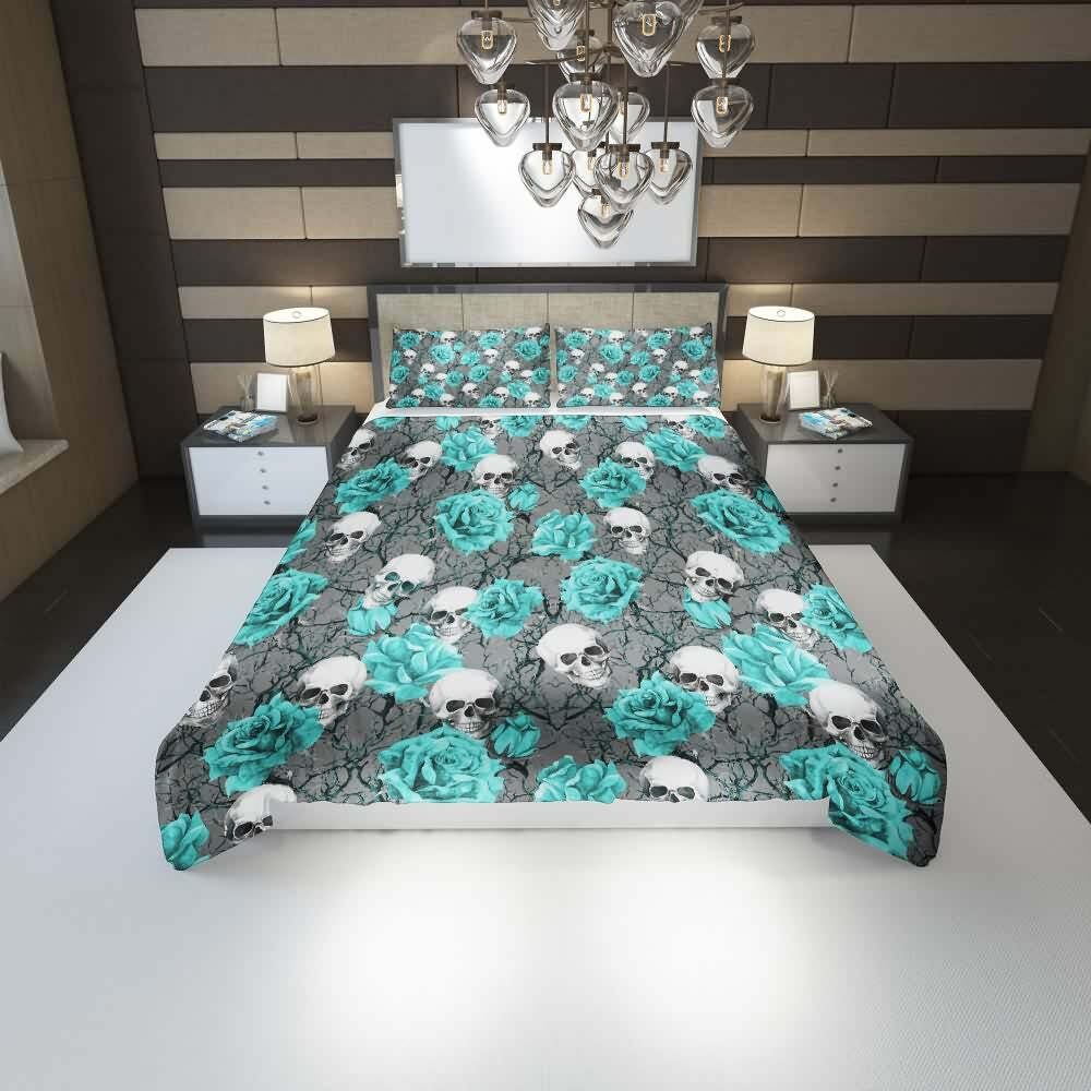 Turquoise Rose Skull Duvet Cover Set - Y2K Grunge, 90s Retro, Gothic Pastel Goth Bedding