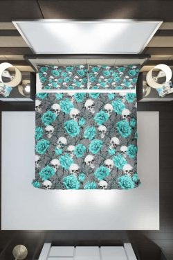 Turquoise Rose Skull Duvet Cover Set - Y2K Grunge, 90s Retro, Gothic Pastel Goth Bedding