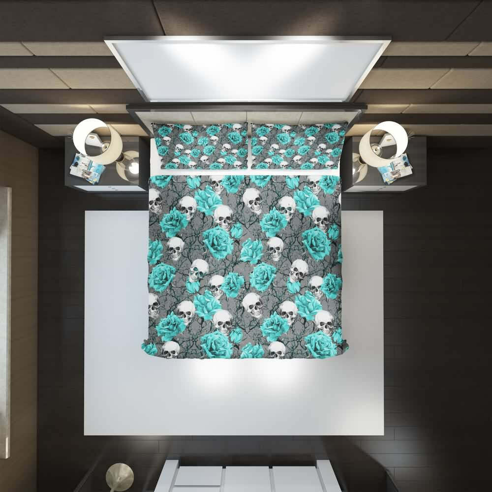 Turquoise Rose Skull Duvet Cover Set - Y2K Grunge, 90s Retro, Gothic Pastel Goth Bedding