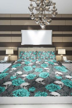 Turquoise Rose Skull Duvet Cover Set - Y2K Grunge, 90s Retro, Gothic Pastel Goth Bedding