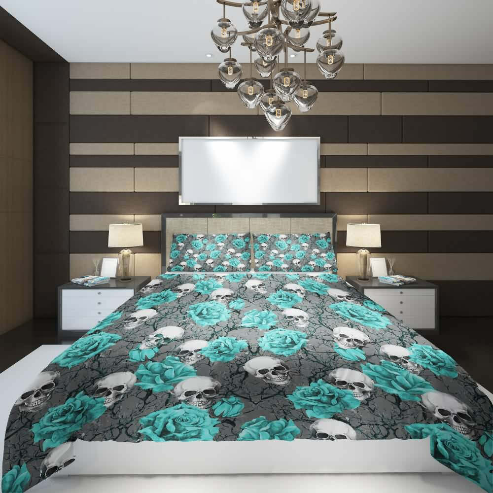 Turquoise Rose Skull Duvet Cover Set - Y2K Grunge, 90s Retro, Gothic Pastel Goth Bedding
