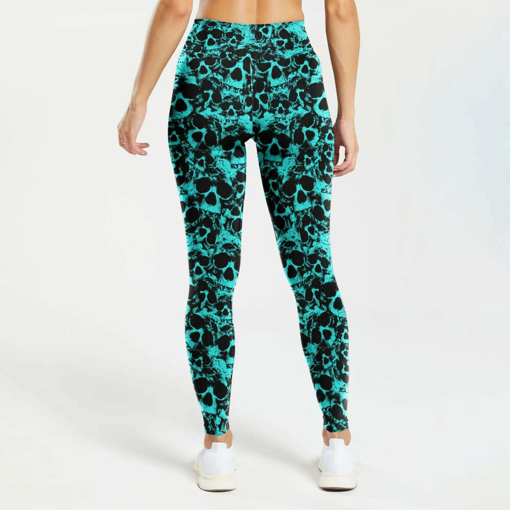Turquoise Skull High Waist Leggings - Y2K Grunge, 90s Fashion, Retro Style, Gothic Y2K Outfits