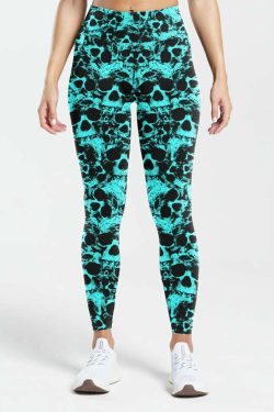 Turquoise Skull High Waist Leggings - Y2K Grunge, 90s Fashion, Retro Style, Gothic Y2K Outfits