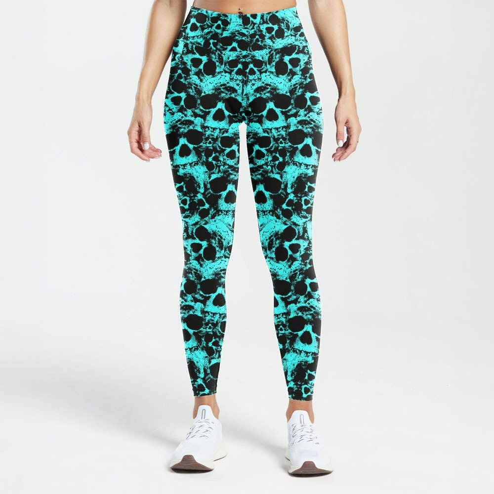 Turquoise Skull High Waist Leggings - Y2K Grunge, 90s Fashion, Retro Style, Gothic Y2K Outfits