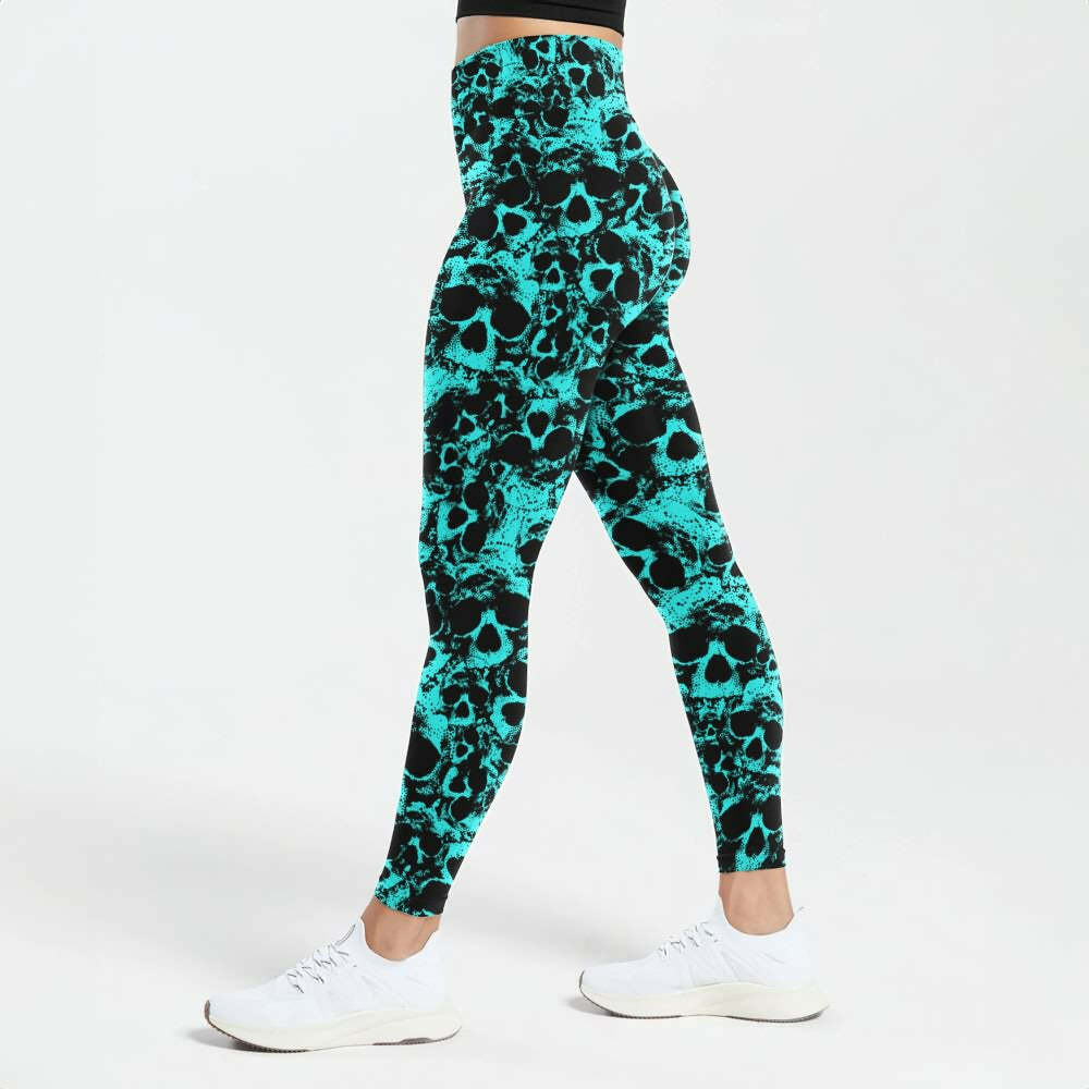 Turquoise Skull High Waist Leggings - Y2K Grunge, 90s Fashion, Retro Style, Gothic Y2K Outfits