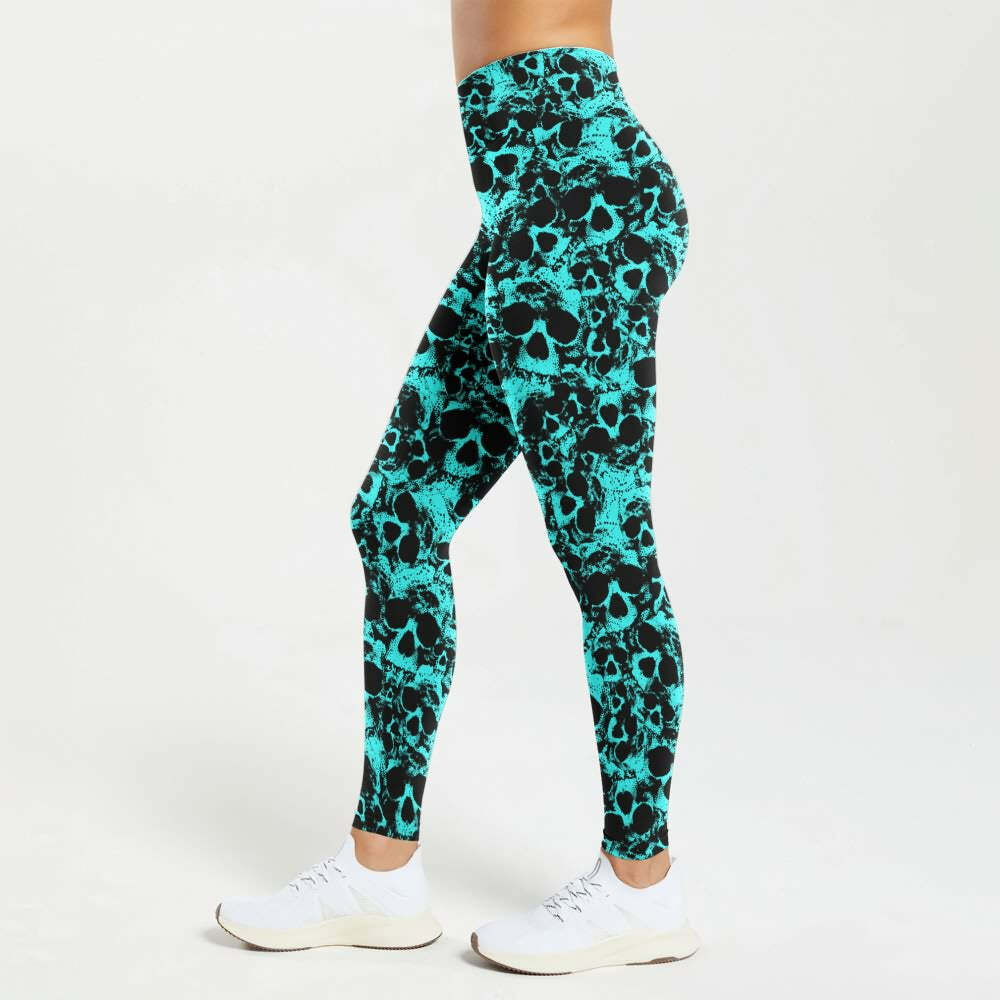 Turquoise Skull High Waist Leggings - Y2K Grunge, 90s Fashion, Retro Style, Gothic Y2K Outfits