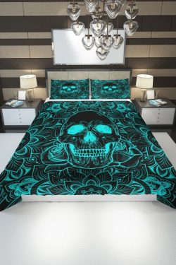 Turquoise Skull Mandala Rose Duvet Cover Set - Y2K Grunge, 90s Retro, Gothic Pastel Goth Bedding