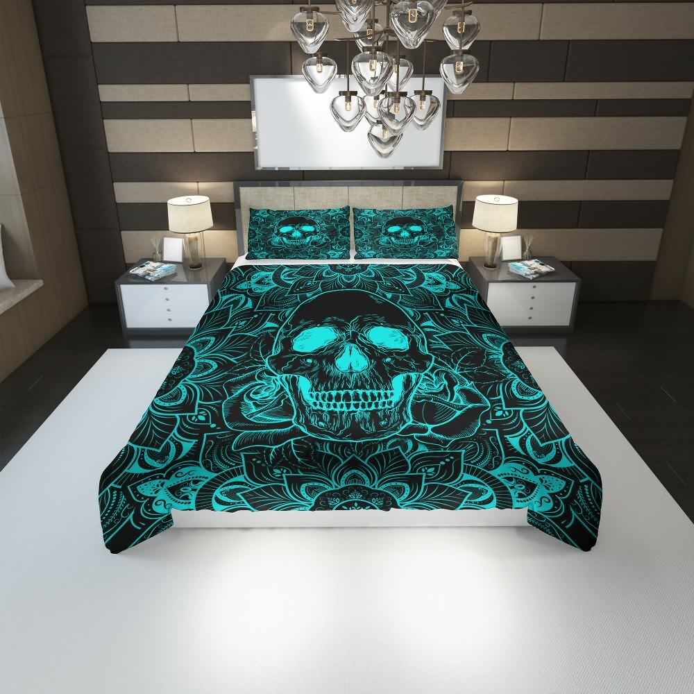 Turquoise Skull Mandala Rose Duvet Cover Set - Y2K Grunge, 90s Retro, Gothic Pastel Goth Bedding