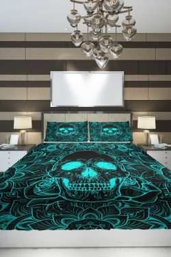 Turquoise Skull Mandala Rose Duvet Cover Set - Y2K Grunge, 90s Retro, Gothic Pastel Goth Bedding