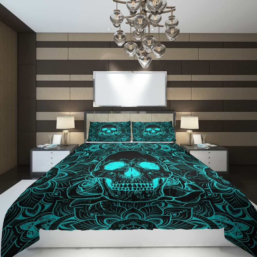 Turquoise Skull Mandala Rose Duvet Cover Set - Y2K Grunge, 90s Retro, Gothic Pastel Goth Bedding