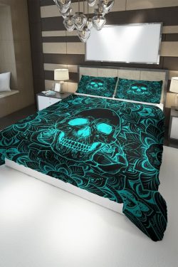 Turquoise Skull Mandala Rose Duvet Cover Set - Y2K Grunge, 90s Retro, Gothic Pastel Goth Bedding