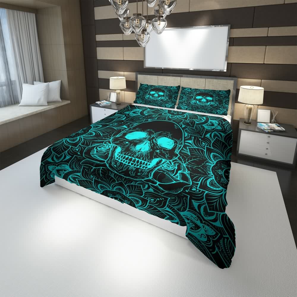 Turquoise Skull Mandala Rose Duvet Cover Set - Y2K Grunge, 90s Retro, Gothic Pastel Goth Bedding