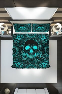 Turquoise Skull Mandala Rose Duvet Cover Set - Y2K Grunge, 90s Retro, Gothic Pastel Goth Bedding