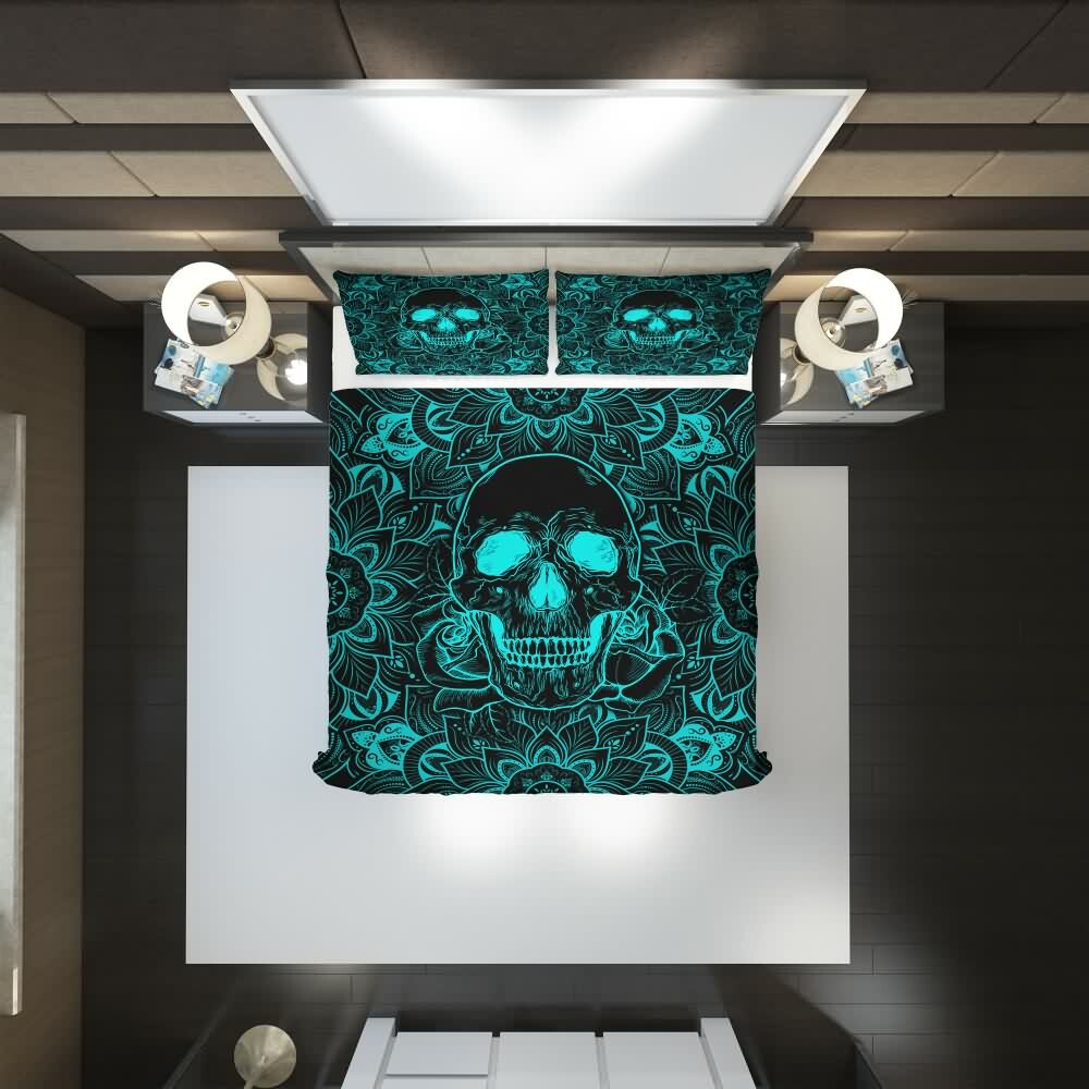 Turquoise Skull Mandala Rose Duvet Cover Set - Y2K Grunge, 90s Retro, Gothic Pastel Goth Bedding