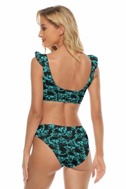 Turquoise Skull Pattern Ruffle Strap Bikini Set - Y2K Summer Grunge 90s Retro Beach Outfit