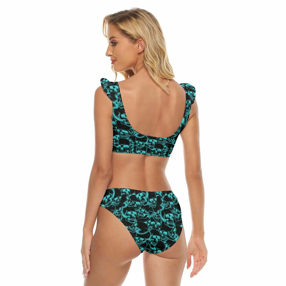 Turquoise Skull Pattern Ruffle Strap Bikini Set - Y2K Summer Grunge 90s Retro Beach Outfit