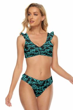 Turquoise Skull Pattern Ruffle Strap Bikini Set - Y2K Summer Grunge 90s Retro Beach Outfit
