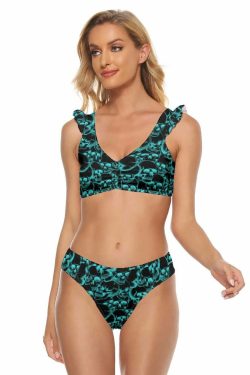 Turquoise Skull Pattern Ruffle Strap Bikini Set - Y2K Summer Grunge 90s Retro Beach Outfit