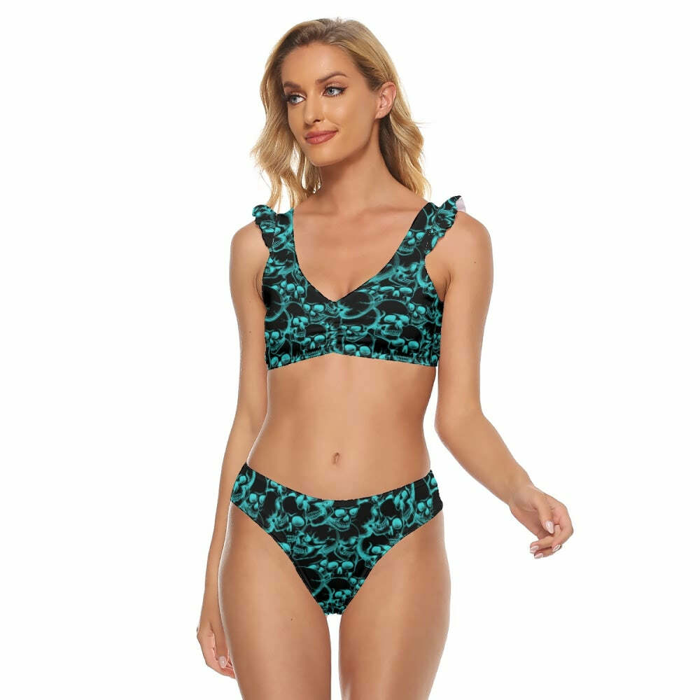 Turquoise Skull Pattern Ruffle Strap Bikini Set - Y2K Summer Grunge 90s Retro Beach Outfit