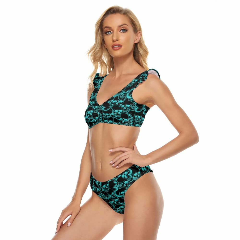 Turquoise Skull Pattern Ruffle Strap Bikini Set - Y2K Summer Grunge 90s Retro Beach Outfit