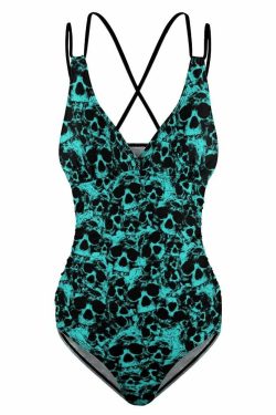 Turquoise Skull Push Up One Piece Swimsuit - Y2K Summer Grunge Retro 90s Beachwear