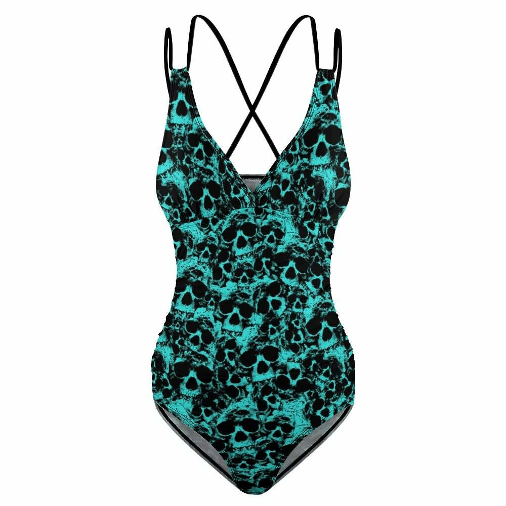 Turquoise Skull Push Up One Piece Swimsuit - Y2K Summer Grunge Retro 90s Beachwear