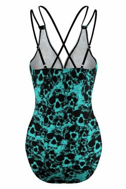 Turquoise Skull Push Up One Piece Swimsuit - Y2K Summer Grunge Retro 90s Beachwear