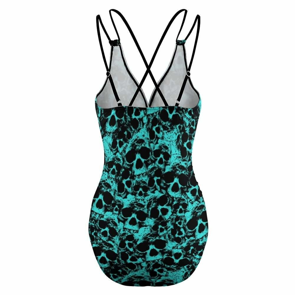 Turquoise Skull Push Up One Piece Swimsuit - Y2K Summer Grunge Retro 90s Beachwear