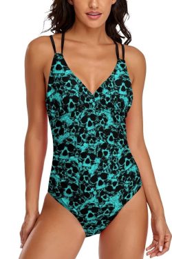 Turquoise Skull Push Up One Piece Swimsuit - Y2K Summer Grunge Retro 90s Beachwear