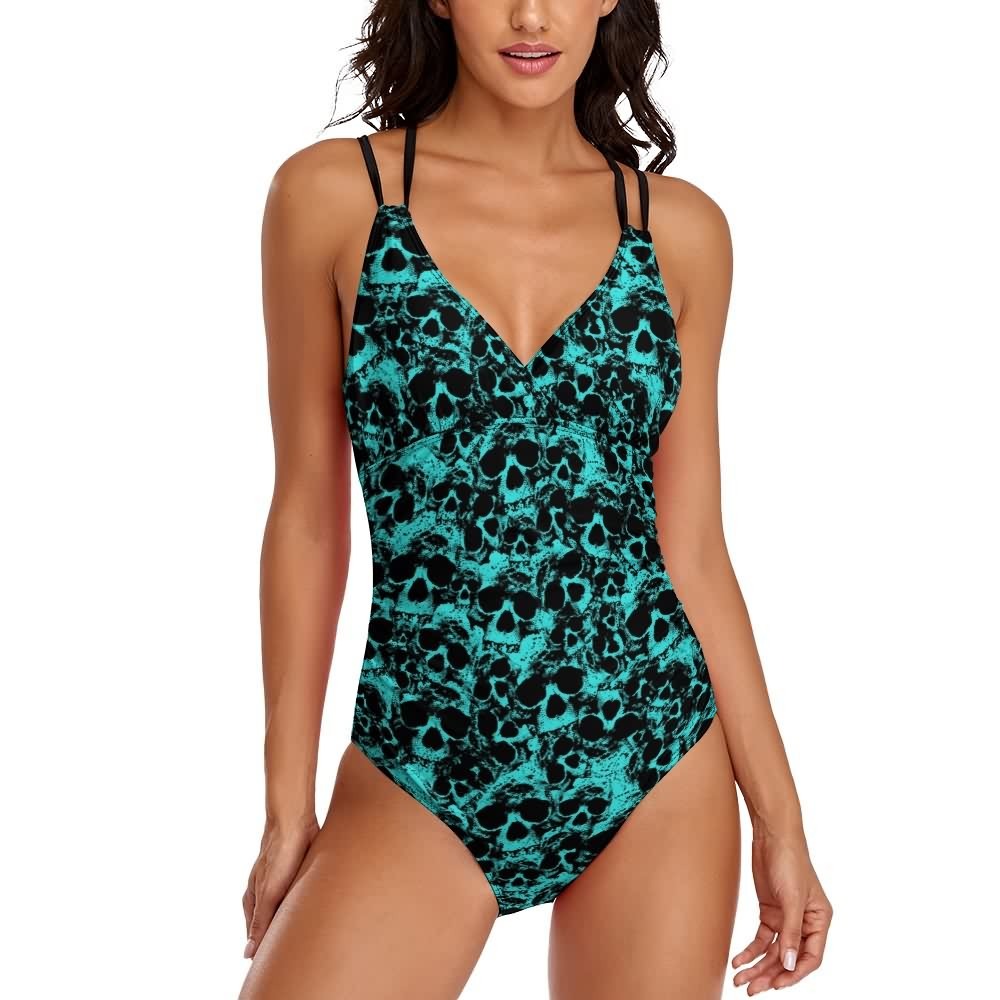 Turquoise Skull Push Up One Piece Swimsuit - Y2K Summer Grunge Retro 90s Beachwear