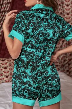 Turquoise Skull Silk Pajama Set - Y2K Summer Grunge Outfit, 90s Retro Style, Gothic Y2K Fashion