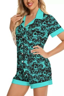 Turquoise Skull Silk Pajama Set - Y2K Summer Grunge Outfit, 90s Retro Style, Gothic Y2K Fashion