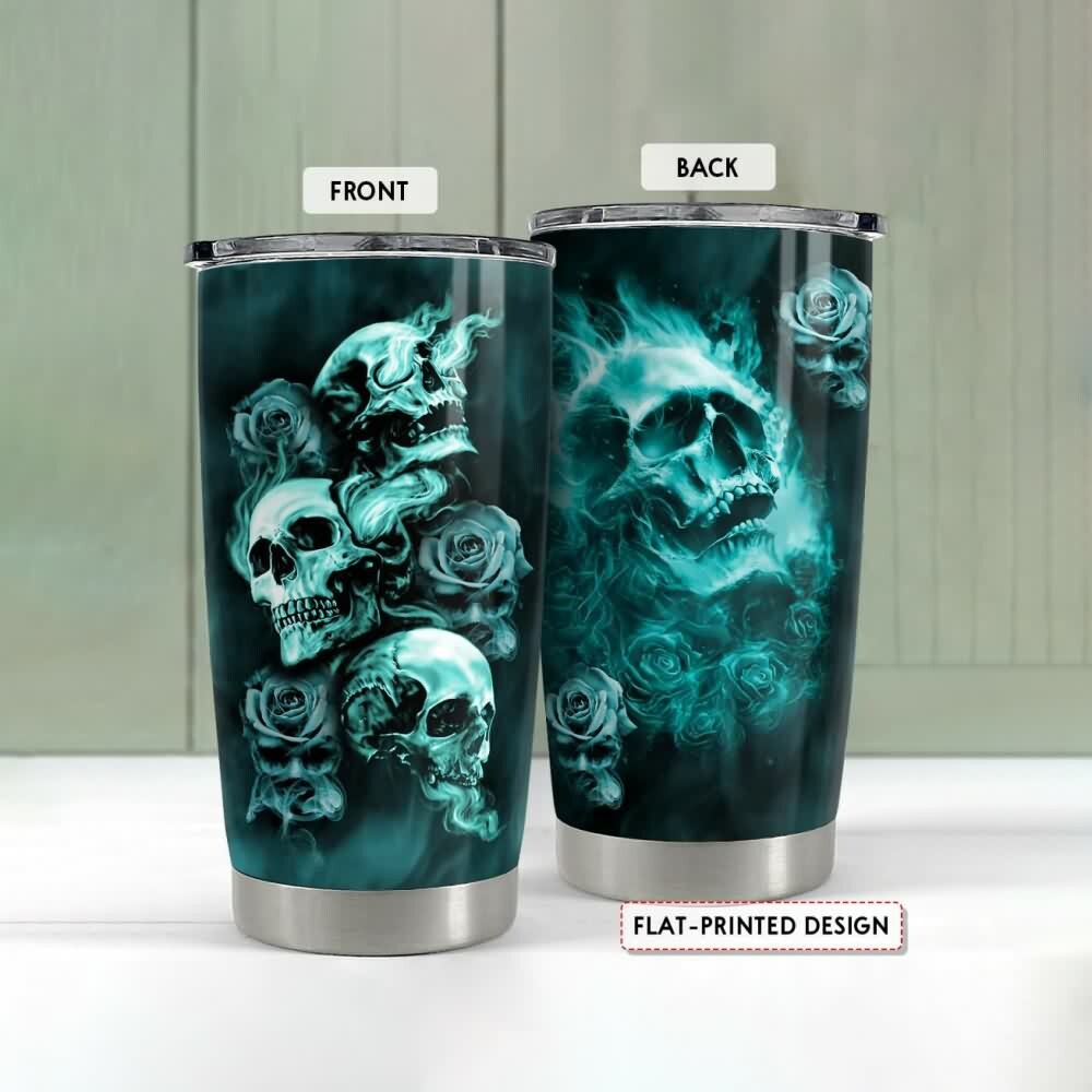 Turquoise Smoke Gothic Skull Rose Stainless Steel Tumbler - Y2K Grunge Retro 90s Fashion Accessory