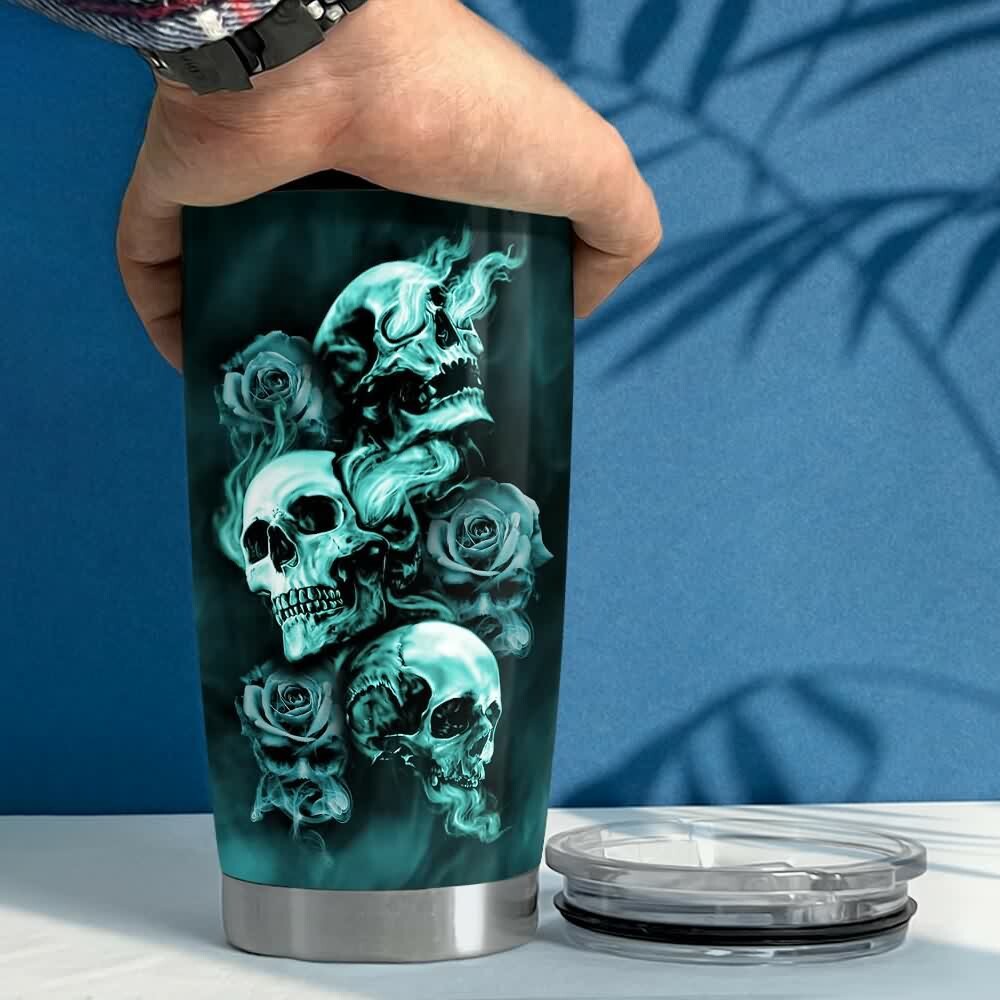 Turquoise Smoke Gothic Skull Rose Stainless Steel Tumbler - Y2K Grunge Retro 90s Fashion Accessory